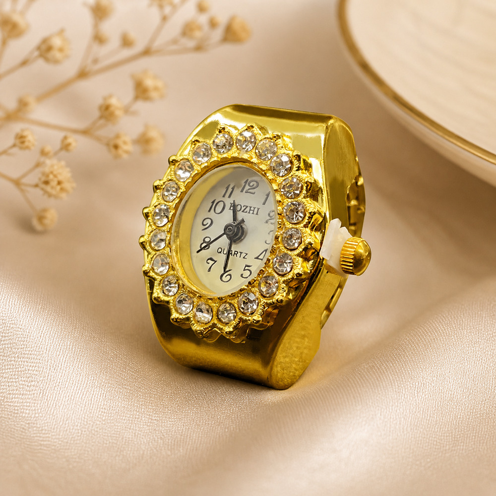 Vintage Gold Watch Ring Rhinestone Crystal Stretch Band Adjustable Statement